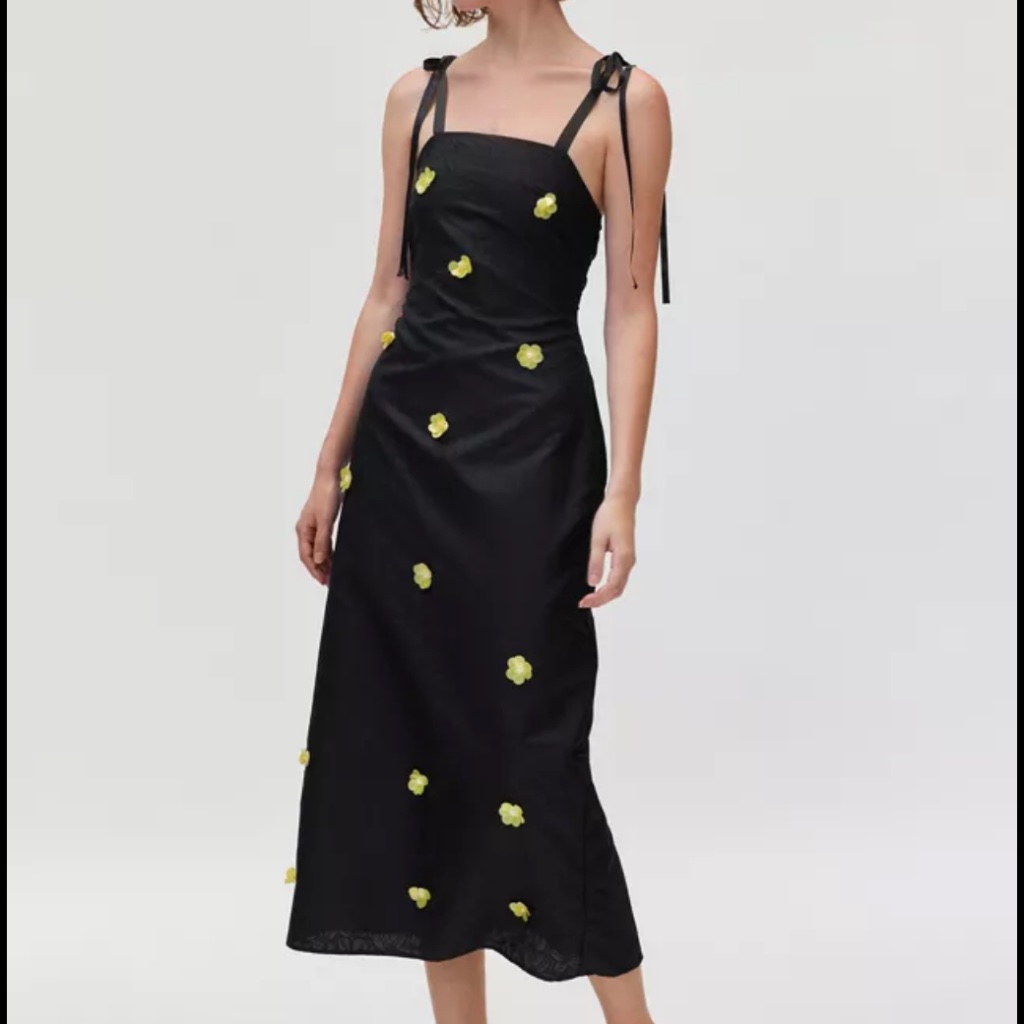 Sister Jane Fanciful Flower Black Jacquard Flower Tie Strap Midi Dress